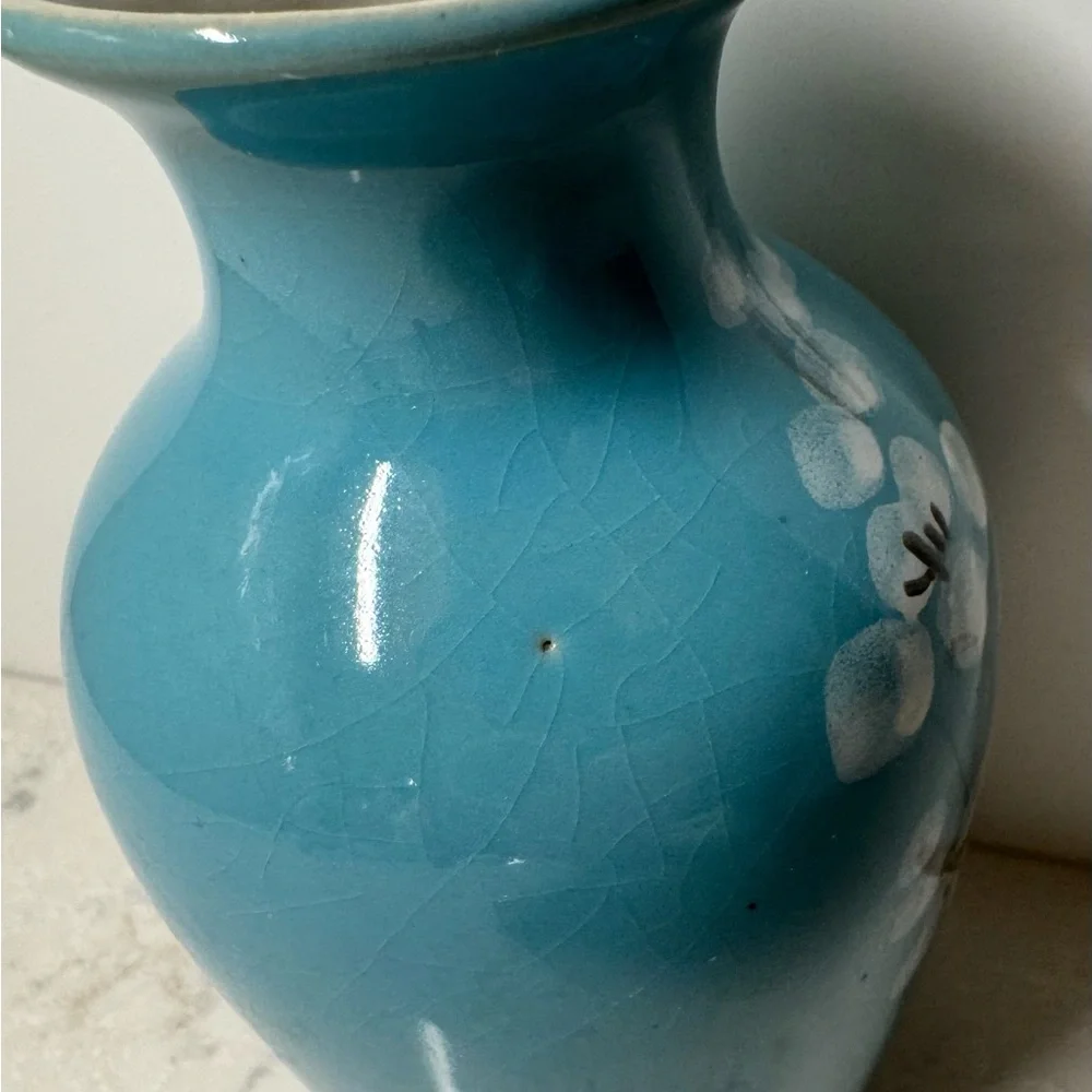 Vintage Turquoise Floral Ceramic Vase - Blue Decorative Home Accent